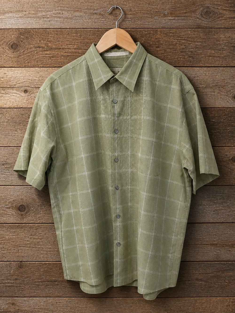 Perry Ellis Men's Large Shirt Green Plaid Checked Short Sleeve Rayon Blend